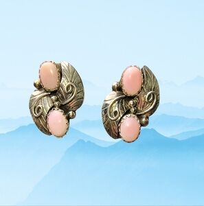 Maxine Ramirez Navajo Signed Pink Conch Shell & Sterling Silver Post Earrings